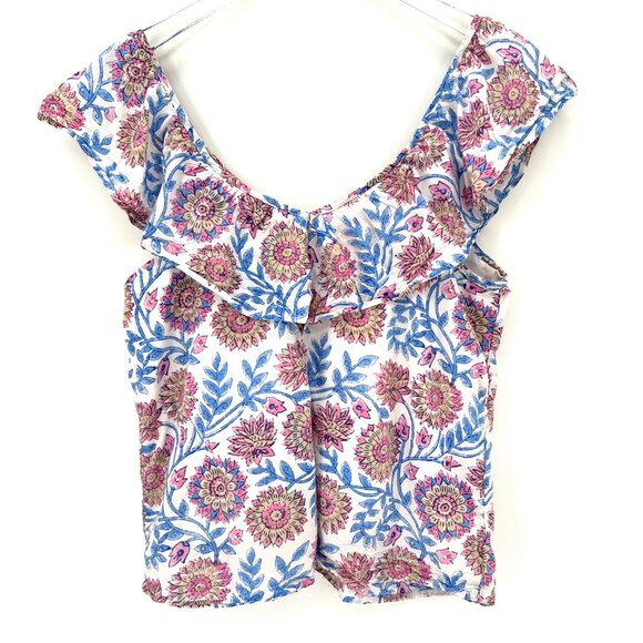 J Crew Ruffle V-Neck‎ Top Size S Floral Vine Block Print Tank Cotton Lined AN768 - Picture 7 of 12